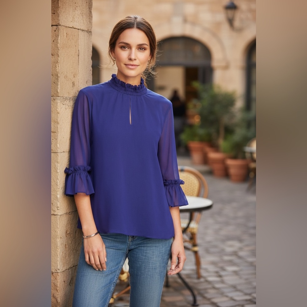 Ann Taylor purple ruffle sleeve blouse Size small